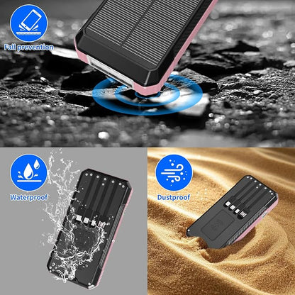 Solar Power Bank 49800mAh, Portable Charger with Built-in 4 Cables, 22.5W Fast Charging Solar Panel Charger for Traveling, Camping and Emergency(Pink)