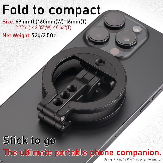 Dual Magnetic Ring Phone Mount - Foldable 360° Rotation CNC Aluminum Stand,1/4" Screw,Cold Shoe Interface, Hands-Free Holder for Live Streaming, Selfies & Multi-Device Use
