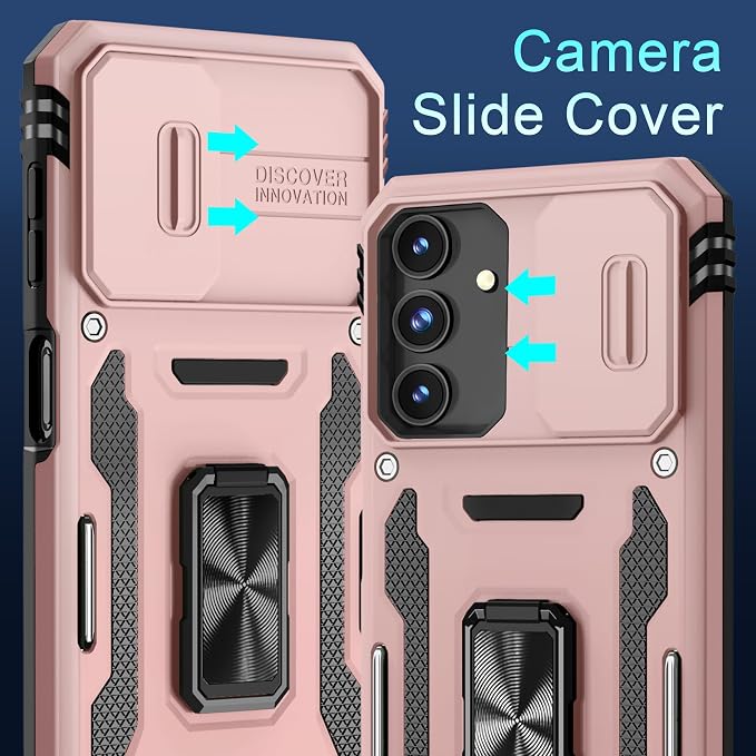 DEERLAMN Case for Samsung Galaxy A16 5G with Slide Camera Cover+Screen Protector (1 Pack), Rotated Ring Kickstand Military Grade Shockproof Protective Cover-Rose Gold