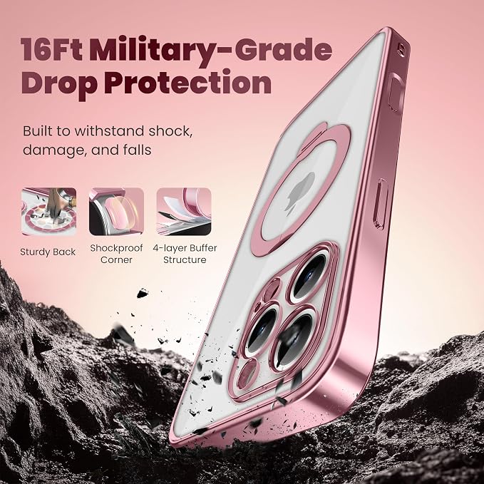 GolbinBox for iPhone 16 Pro Case with 360° Spin Magnetic Stand,[Compatible with Magsafe] [Military Protection][Built-in Ring Holder] Camera Control Phone Case for 16 Pro,Pink/Clear