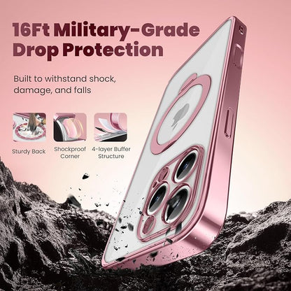 GolbinBox for iPhone 16 Pro Case with 360° Spin Magnetic Stand,[Compatible with Magsafe] [Military Protection][Built-in Ring Holder] Camera Control Phone Case for 16 Pro,Pink/Clear