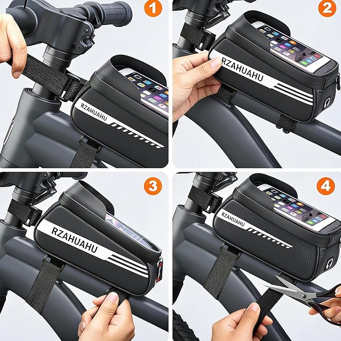 Bike/Bicycle Phone Holder Bag, Bicycle Front Frame Bag, Waterproof Tube Bag, Bike Accessories, Cycling Pouch with TPU Touch-Screen& Sun-Visor Compatible Phone Under 6.5” (Black)