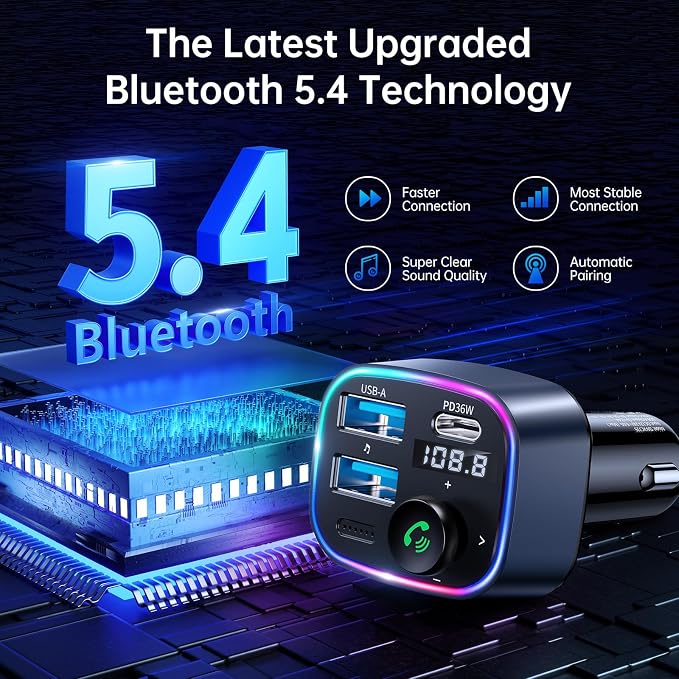 Syncwire Bluetooth 5.3 FM Transmitter Car Adapter 48W(PD 36W & 12W) [Light Switch] [Hi-Fi Deep Bass] [Fast Charging] Wireless Radio Music Adapter LED Display Hands-Free Calling Support USB Drive
