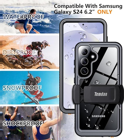 Temdan Compatible with Samsung Galaxy S24 Case Waterproof with Belt Clip Holster, Built-in Lens & Screen Protector Military Grade Shockproof Dropproof IP68 Underwater Full Body Phone Case