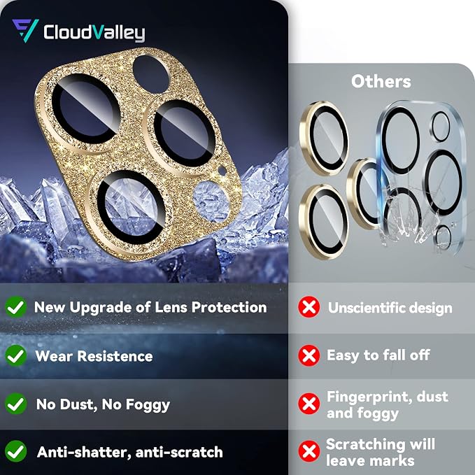 CloudValley for iPhone 14 Pro/iPhone 14 Pro Max Glitter Camera Lens Protector, 9H Tempered Glass [All in 1 Design], Case Friendly Anti-Scatch High Definition, GlitterGold