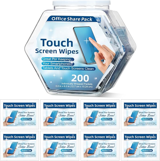 200 Pack Touch Screen Wipes Pre Moistened Lens Computer Electronic Screen Wipes Individually for Monitors with 1 Clear Plastic Bottle for Glasses Smartphone Screens