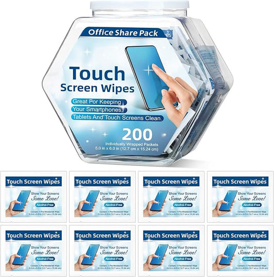 200 Pack Touch Screen Wipes Pre Moistened Lens Computer Electronic Screen Wipes Individually for Monitors with 1 Clear Plastic Bottle for Glasses Smartphone Screens