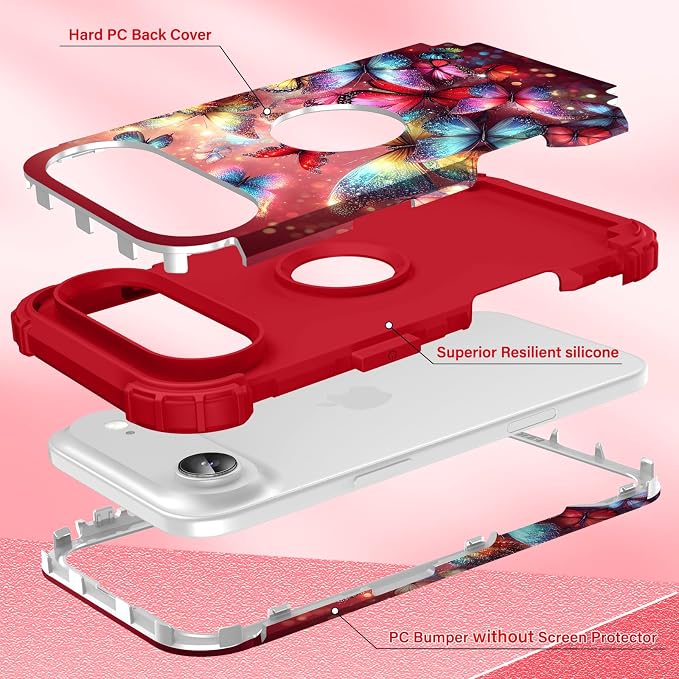 Hocase for iPhone Air Case 6.5", Heavy Duty Shockproof Protection Soft Silicone Rubber+Hard Plastic Bumpers Hybrid Protective Case for iPhone Air 2025 - Shimmering Butterflies in Red