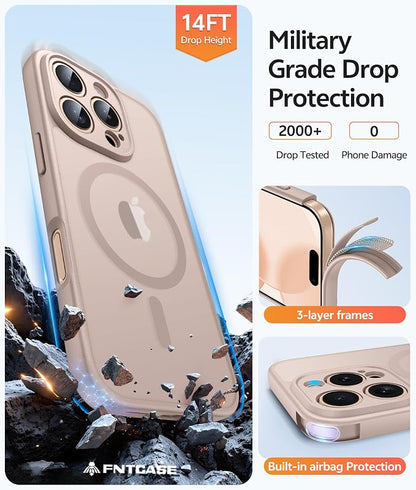 FNTCASE for iPhone 16 Pro Max Case: [Compatible with Magsafe] Translucent Matte Cases with [Full Camera Protection] [Screen Protector] Military Grade Shockproof Protective Phone Cover - Desert Gold