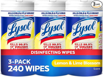 Lysol Disinfectant Wipes, Multi-Surface Antibacterial Cleaning Wipes, For Disinfecting and Cleaning, Lemon and Lime Blossom, 80 Count (Pack of 3)