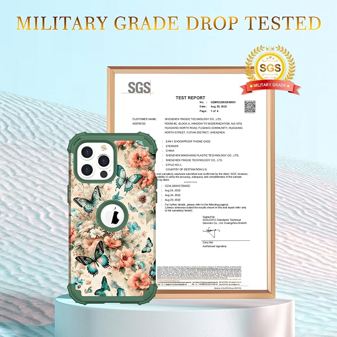Hocase for iPhone 15 Pro Max Case, Heavy Duty Shockproof Protection Soft Silicone Rubber Bumper+Hard Plastic Hybrid Protective Case for iPhone 15 Pro Max 6.7" 2023 - Teal Green Butterflies