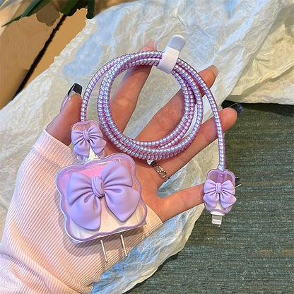 Compatible with Apple iPhone 18W/20W USB-C Charger Protective Cover Cute Bow Clear Soft Charger Protector Kawaii Cable Saver for iPhone 14 15 16 Pro Max Fast Power Adapter