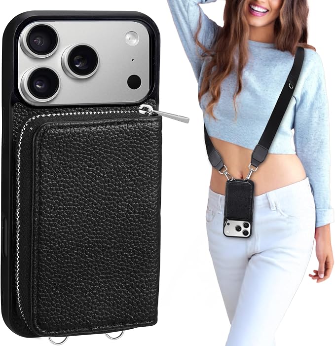 XANGNIER Wallet Case for iPhone 17 Pro with Strap, RFID Blocking PU Leather Crossbody Phone Purse with Card Holder, Zipper Pocket, Wrist Strap & Adjustable Lanyard for Women 6.3" 5G, Black