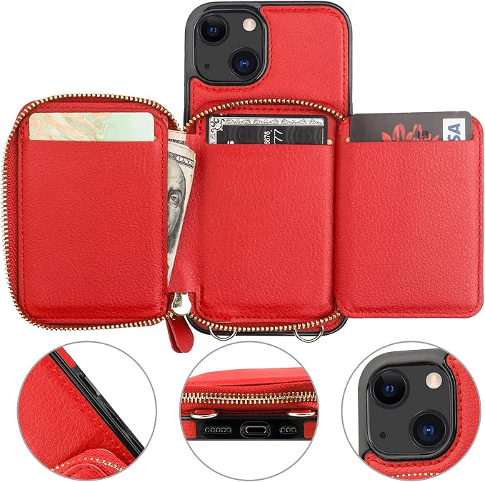 Bocasal RFID Blocking Wallet Case for iPhone 14 iPhone 13, Adjustable Crossbody Zipper Purse Case Card Holder with Kickstand Detachable Wrist Strap, PU Leather Flip Folio Case 6.1 Inch 5G (Red)