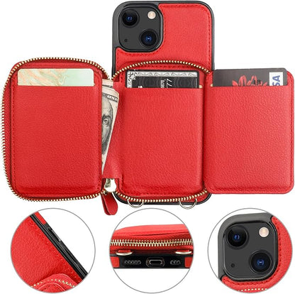 Bocasal RFID Blocking Wallet Case for iPhone 14 iPhone 13, Adjustable Crossbody Zipper Purse Case Card Holder with Kickstand Detachable Wrist Strap, PU Leather Flip Folio Case 6.1 Inch 5G (Red)