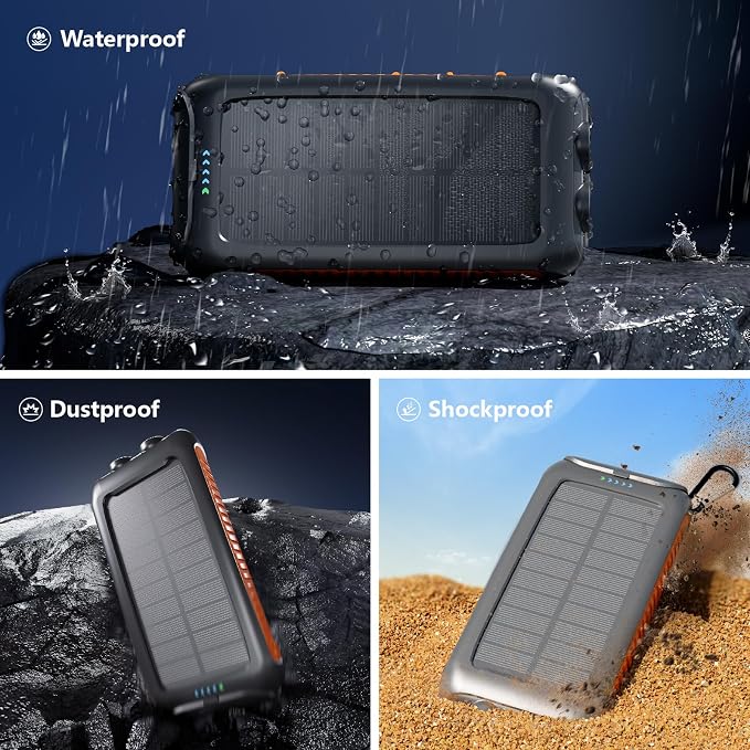 Solar Charger Power Bank 49800mAh, Portable Solar Phone Charger with 2 USB-A & USB-C Ports, 15W Fast Charging for iPhone, Samsung and More, Dual Flashlightfor Camping, Travel & Emergency Backup