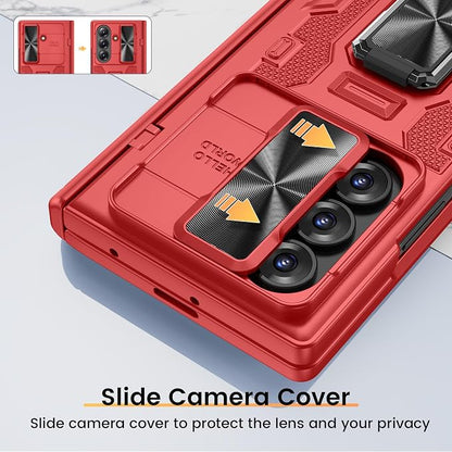 VEGO for Samsung Galaxy Z Fold 7 Case with Stand & Hinge Protection, Red | Built-in Screen Protector[Anti-Peeping][Slide Camera Cover]Hard PC Full-Body Shockproof Anti-Drop Phone Case for Z Fold 7