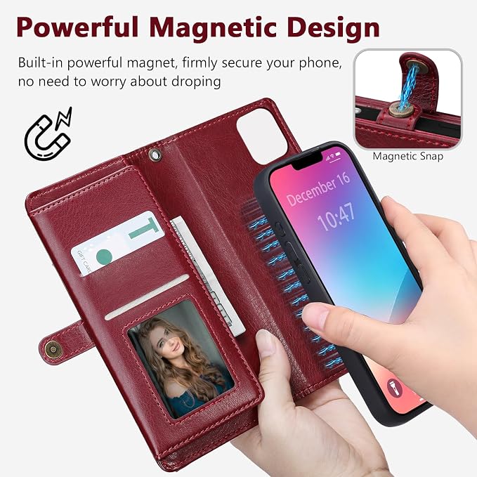 Wallet Case for iPhone 13 Pro Max with Card Holder/Crossbody Wallet/Strap| RFID Blocking | Magnetic | Kickstand | Detachable | PU Leather Phone Case for iPhone 13 Pro Max,6.7 in,Wine Red