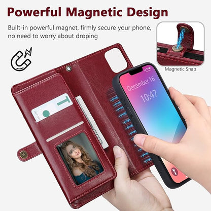 Wallet Case for iPhone 13 Pro Max with Card Holder/Crossbody Wallet/Strap| RFID Blocking | Magnetic | Kickstand | Detachable | PU Leather Phone Case for iPhone 13 Pro Max,6.7 in,Wine Red
