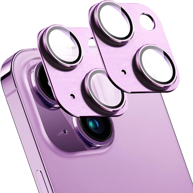 2 Pack Camera Lens Protector for iPhone 14/14 Plus,Metal AR Tempered Glass Rear Camera Screen Cover,Anti-Scratch,Strong Adsorption,Case Friendly, Easy to Install-Purple