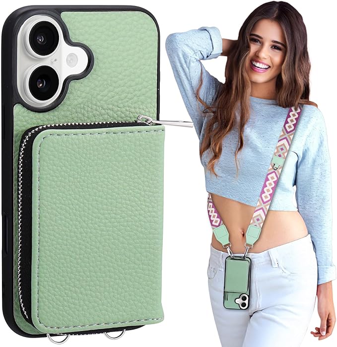 XANGNIER Wallet Case for iPhone 17 with Strap, RFID Blocking PU Leather Crossbody Phone Purse with Card Holder, Zipper Pocket, Wrist Strap & Adjustable Lanyard for Women 6.3" 5G, Green