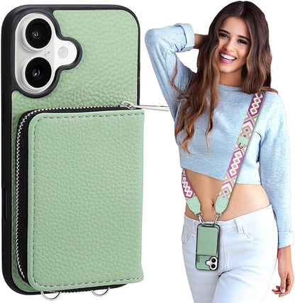 XANGNIER Wallet Case for iPhone 17 with Strap, RFID Blocking PU Leather Crossbody Phone Purse with Card Holder, Zipper Pocket, Wrist Strap & Adjustable Lanyard for Women 6.3" 5G, Green