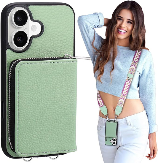 XANGNIER Wallet Case for iPhone 17 with Strap, RFID Blocking PU Leather Crossbody Phone Purse with Card Holder, Zipper Pocket, Wrist Strap & Adjustable Lanyard for Women 6.3" 5G, Green