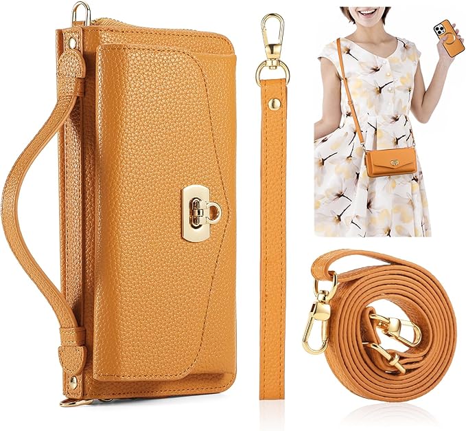 Crossbody Wallet Case for iPhone 16 Pro Max, Magnetic Detachable Floral PU Leather Phone Case with RFID Blocking Card Holder Wristlet Mirror Flip Zipper Shoulder Purse for Wome - Orange