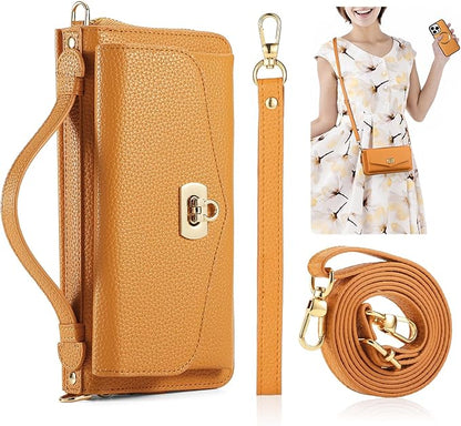 Crossbody Wallet Case for iPhone 16 Pro Max, Magnetic Detachable Floral PU Leather Phone Case with RFID Blocking Card Holder Wristlet Mirror Flip Zipper Shoulder Purse for Wome - Orange
