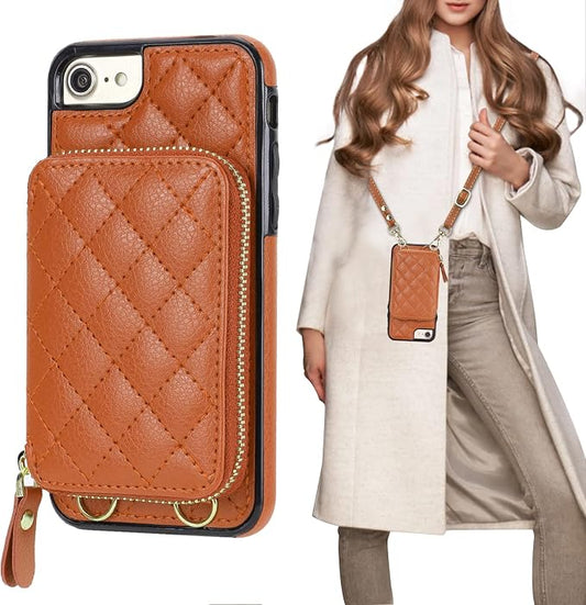 Bocasal Crossbody Wallet Case for iPhone SE 2022/SE 2020/8/7, RFID Blocking PU Leather Zipper Handbag Purse Flip Cover, Kickstand Folio Case with Card Slots Holder Wrist Strap Lanyard 4.7 Inch (Brown)