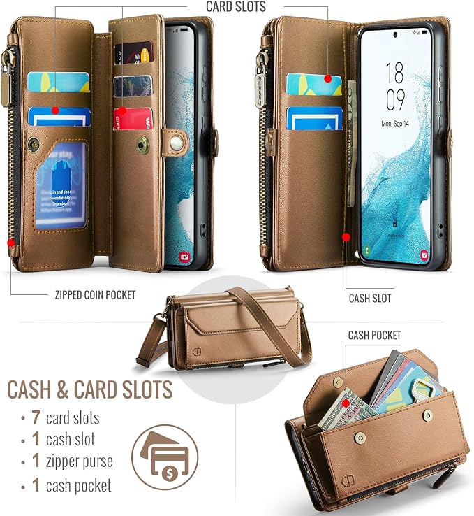 Strapurs Crossbody Wallet Case Compatible with Samsung Galaxy S22 5G RFID Blocking Card Holder Soft PU Leather Magnetic Snap Shoulder Strap Zipper Pocket Phone Case Fit for Galaxy S22 6.1" - Brown