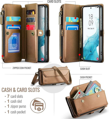 Strapurs Crossbody Wallet Case Compatible with Samsung Galaxy S22 5G RFID Blocking Card Holder Soft PU Leather Magnetic Snap Shoulder Strap Zipper Pocket Phone Case Fit for Galaxy S22 6.1" - Brown