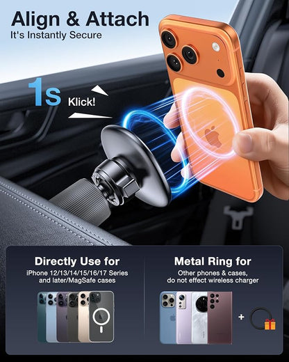 Miracase for MagSafe Car Mount with Metal Hook Clip, Magnetic Phone Holders for Car Phone Holder, Compatible with Garmin GPS Fit iPhone Android and All Smartphones, Dark Black