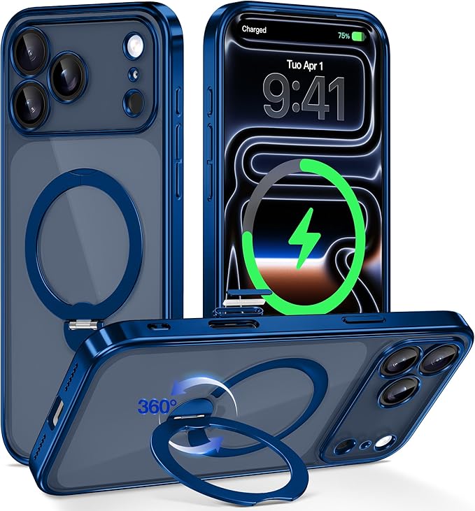 GolbinBox for iPhone 17 Pro Max Case with 360° Spin Magnetic Stand,[Compatible with Magsafe] [Military Protection][Built-in Ring Holder] Camera Control Phone Case for 17 Pro Max,Deep Blue/Clear