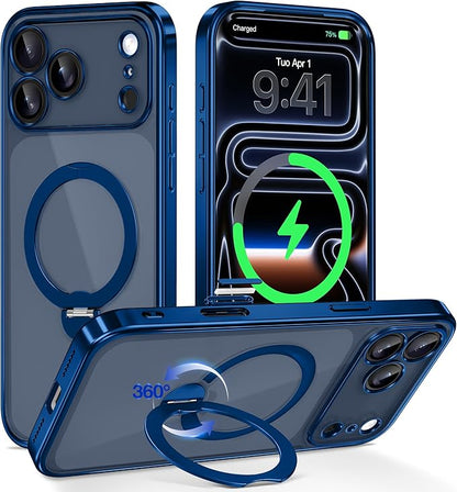 GolbinBox for iPhone 17 Pro Max Case with 360° Spin Magnetic Stand,[Compatible with Magsafe] [Military Protection][Built-in Ring Holder] Camera Control Phone Case for 17 Pro Max,Deep Blue/Clear