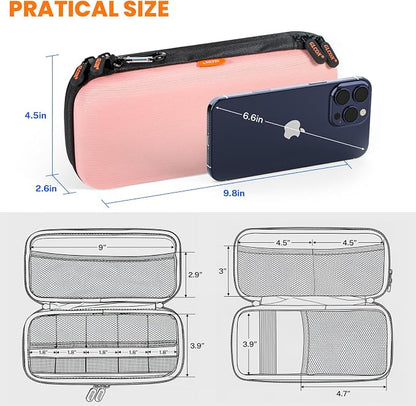 Pink Double-Layer Hard Carrying Case,Travel Pouch for Women | Portable Electronics Organizer Travel Pouch for Girls, Roomy Zipper Tech Bag for Charger, Phone, Power Bank, Cable & Cord
