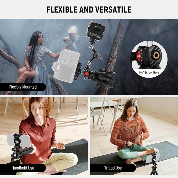 NEEWER Camera Tripod with Remote, Mini Flexible Vlog Phone Tripod Stand with Action Camera Mount Adapter, Hidden Phone Holder & Cold Shoe Compatible with iPhone Hero13 12 11 10 9, Max Load 4.4lb, TP34