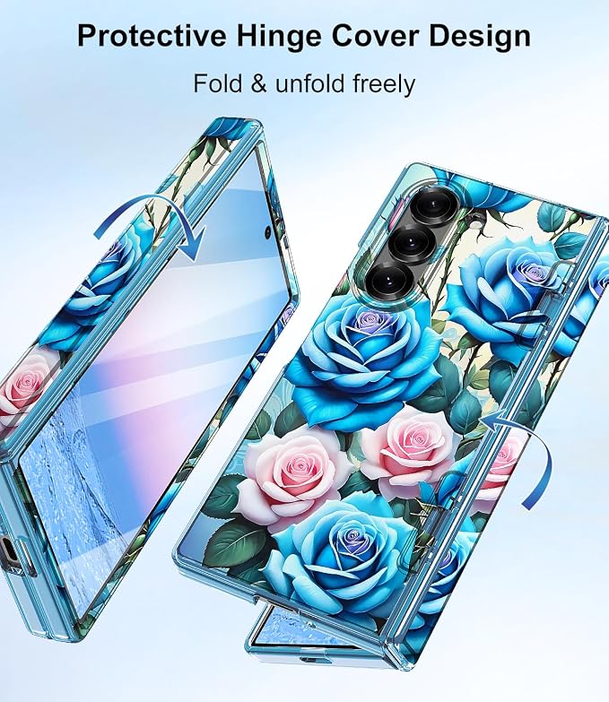 Btscase for Samsung Galaxy Z Fold 6 Case,Built in Front Screen Protector,Gold Glitter Marble Pattern Hard PC Slim Shockproof Full Body Drop Protective Case for Galaxy Z Fold 6 5G, Blue Rose