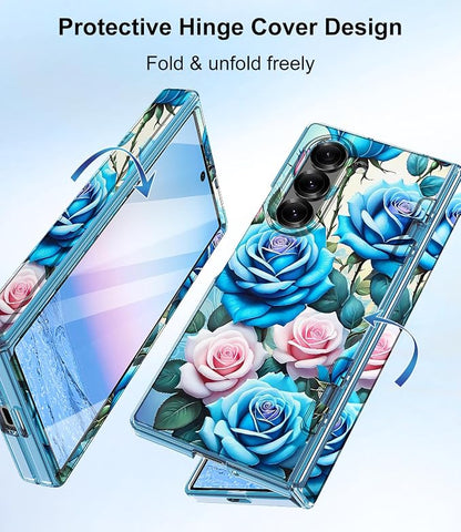 Btscase for Samsung Galaxy Z Fold 6 Case,Built in Front Screen Protector,Gold Glitter Marble Pattern Hard PC Slim Shockproof Full Body Drop Protective Case for Galaxy Z Fold 6 5G, Blue Rose