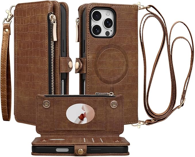 Crossbody Wallet Case for iPhone 16 Pro with Mirror, Wrist Strap, Zipper Purse Magnetic Flip RFID Blocking Card Holder, Wireless Charging, PU Leather Shockproof 6.3" Women (Brown)