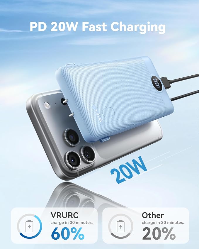 VRURC Portable Charger Power Bank - 10000mAh Fast Charging 22.5W USB Port Fast Charging Power Bank,4 Outputs Dual Inputs Slim Compact Rechargeable Battery Pack Travel Accessories-Blue(1 Pack)