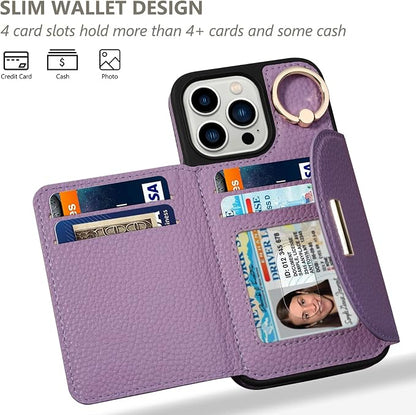 Keallce Wallet Case for iPhone 15 Pro 6.1'', Flip Case with Card Slots, Ring Holder Kickstand, PU Leather Protective Folio Cover for Women, Purple