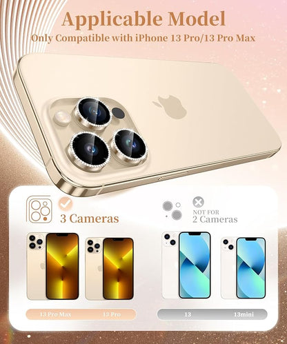 GolbinBox Camera Lens Protector for iPhone 13 Pro/13 Pro Max, 1:1 Invisible Fit, 9H Tempered Glass Ultra HD Metal Individual Camera Cover for Women, Case Friendly, Bling/Gold