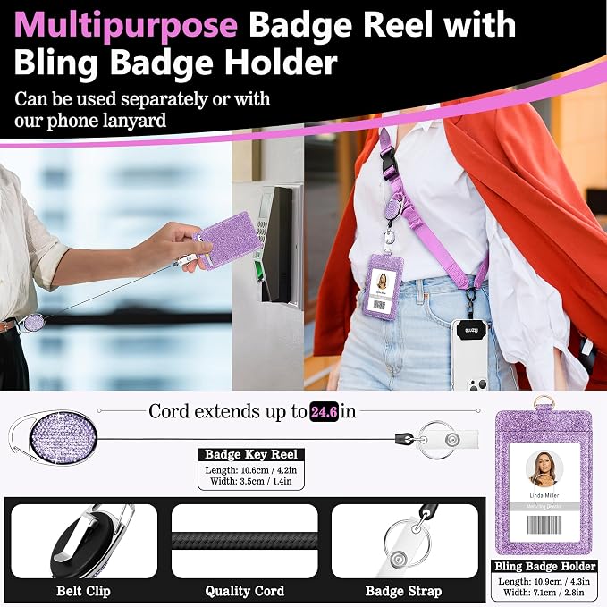 Azrra Adjustable Crossbody Cell Phone Lanyard for iPhone with Phone Tethers & Retractable ID Badge Card Holder (Purple)