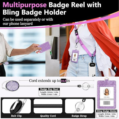 Azrra Adjustable Crossbody Cell Phone Lanyard for iPhone with Phone Tethers & Retractable ID Badge Card Holder (Purple)