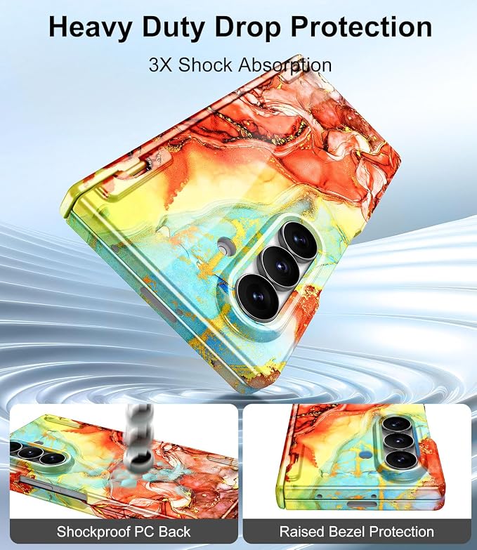 Btscase for Samsung Galaxy Z Fold 7 Case,Built in Front Screen Protector,Gold Glitter Marble Pattern Hard PC Slim Shockproof Full Body Drop Protective Case for Galaxy Z Fold 7 5G, Bright Orange