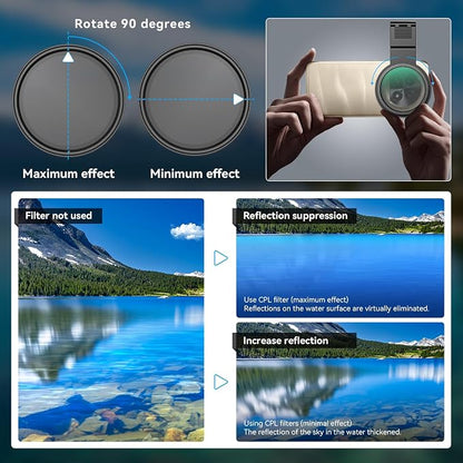 APEXEL 58mm Phone Filter Kit with Cell Phone Clip (7 Pcs: CPL/ND32/Star/4-Color Graduated Filters) Compatible with iPhone 17 16 15 14 Pro Max 13 12 11 & Canon Nikon Sony Cameras, with Cold Shoe Mount