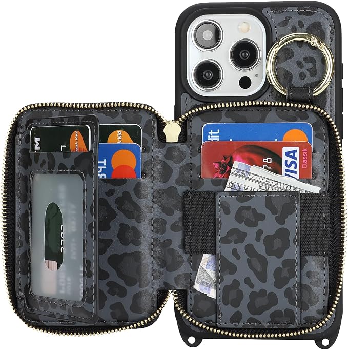 Crossbody Wallet Case for iPhone 14 Pro Max, PU Leather Zipper Handbag Purse Flip Cover, Kickstand Folio Case with Card Slots Holder Wrist Strap Lanyard 5G 6.7 Inch-Black Leopard