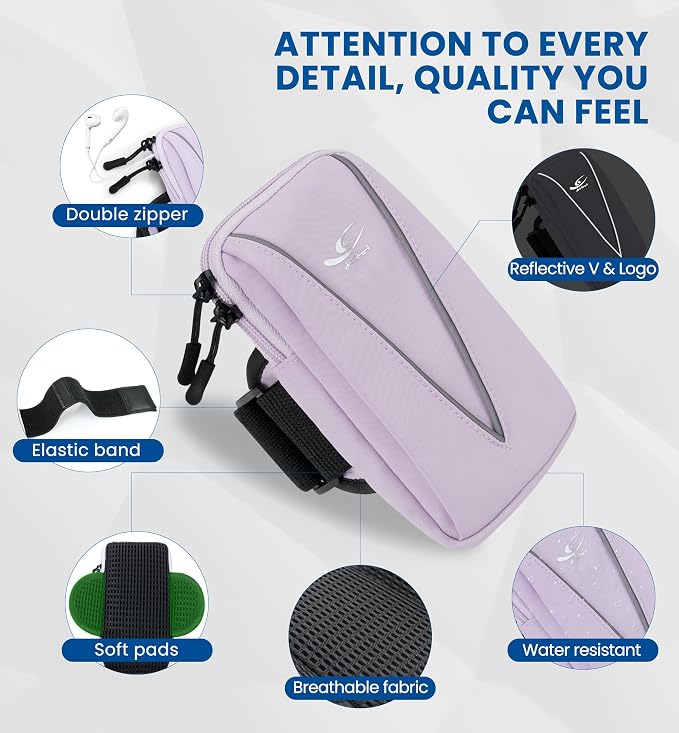 HiRui Cell Phone Holder Arm Bag & Wrist Bag for Phone, Sports Running Armband for Gym & Cycling, Compatible with iPhone 17/17Pro/Plus/16/15 Samsung Galaxy All Phones, Reflective & Adjustable (Purple)