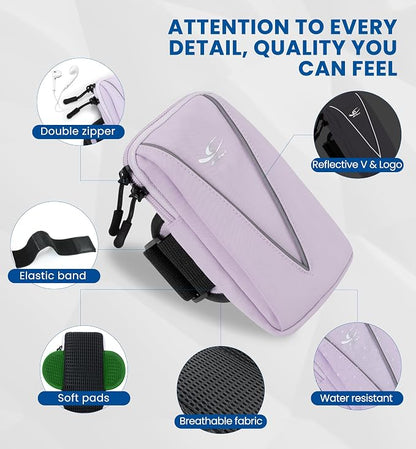 HiRui Cell Phone Holder Arm Bag & Wrist Bag for Phone, Sports Running Armband for Gym & Cycling, Compatible with iPhone 17/17Pro/Plus/16/15 Samsung Galaxy All Phones, Reflective & Adjustable (Purple)